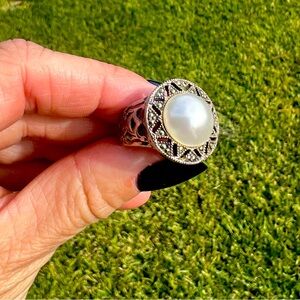 Silver Ring with Large Pearl & Marcasites